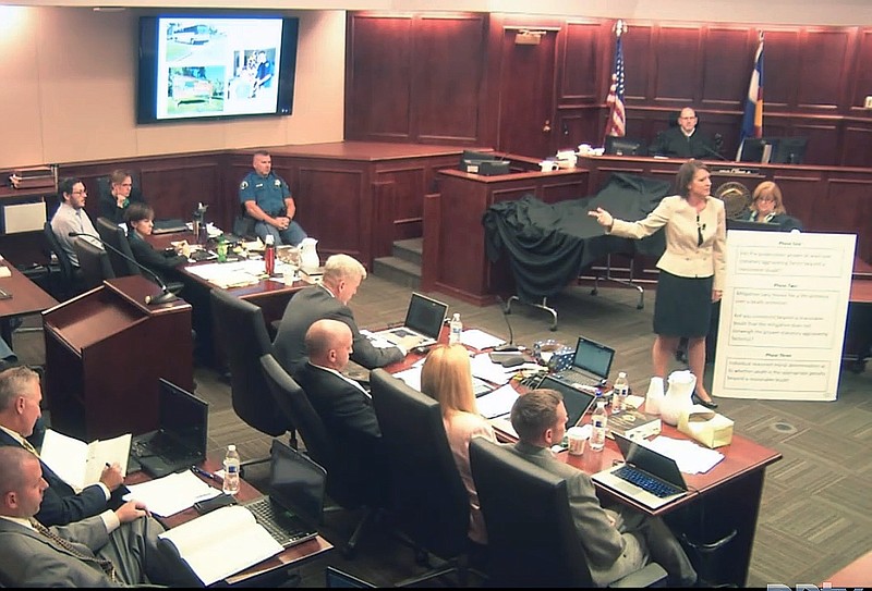 
              In this image made from Colorado Judicial Department video, defense attorney Tamara Brady, right, gestures while making her closing argument to the jury in the sentencing phase of the trial of James Holmes, top left in white shirt, in Centennial, Colo., on Thursday, July 30, 2015. Following closing arguments, jurors in the Colorado movie theater trial will deliberate to decide if there are any reasons to override a potential death penalty and sentence James Holmes to life without parole for 12 murders and 70 attempted murders. (Colorado Judicial Department via AP, Pool)
            