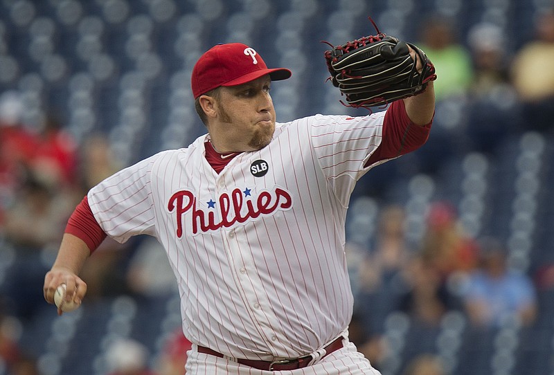 Philadelphia Phillies starting pitcher Aaron Harang throws in the first inning of a baseball game against the Atlanta Braves on Thursday, July 30, 2015, in Philadelphia.