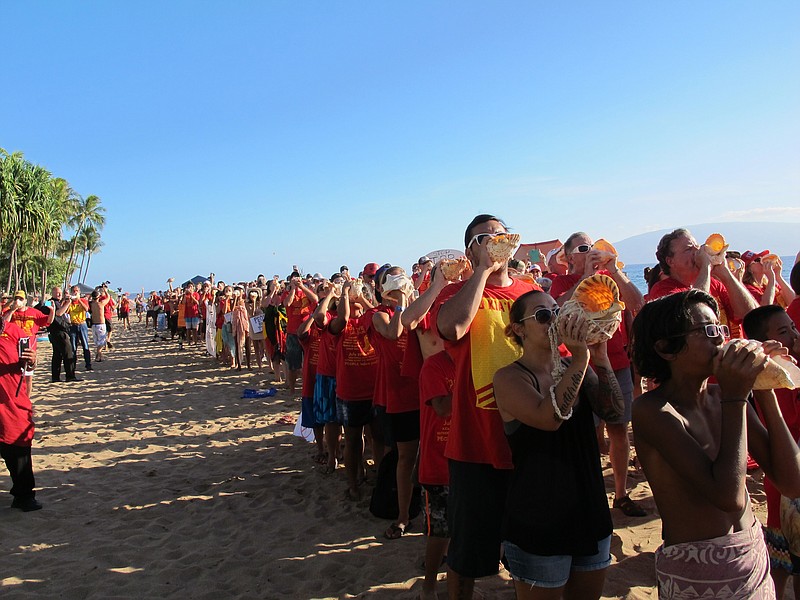 
              Hundreds of protestors blowing conch shells line Kaanapali Beach in Lahaina, Hawaii, Wednesday, July 29, 2015, to protest the Trans-Pacific Partnership trade agreement. Ministers from 12 Pacific Rim nations are gathering at the Westin Maui resort on the beach to negotiate a new trade pact. (AP Photo/Audrey McAvoy)
            