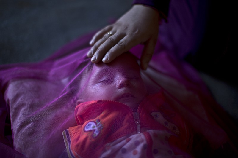 
              In this Tuesday, July 21, 2015 photo, Syrian refugee Kutana al-Hamadi, 24, tends to her son Almunzir, 7 months, covered with a mosquito net, whom she claims is suffering from malnutrition, at their tent in an informal tented settlement near the Syrian border on the outskirts of Mafraq, Jordan. "My son is too weak; my body doesn’t produce milk (and) ... we can’t afford buying milk,” says Kutana al-Hamadi. “We survived the barrel bombs in Syria but I’m afraid we won’t survive the lack of health and food.” (AP Photo/Muhammed Muheisen)
            