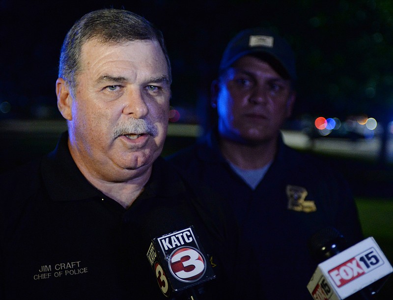 
Lafayette Police Chief Jim Craft speaks to media at the scene of a shooting at the Grand Theatre on Thursday, July 23, 2015, in Lafayette, La.