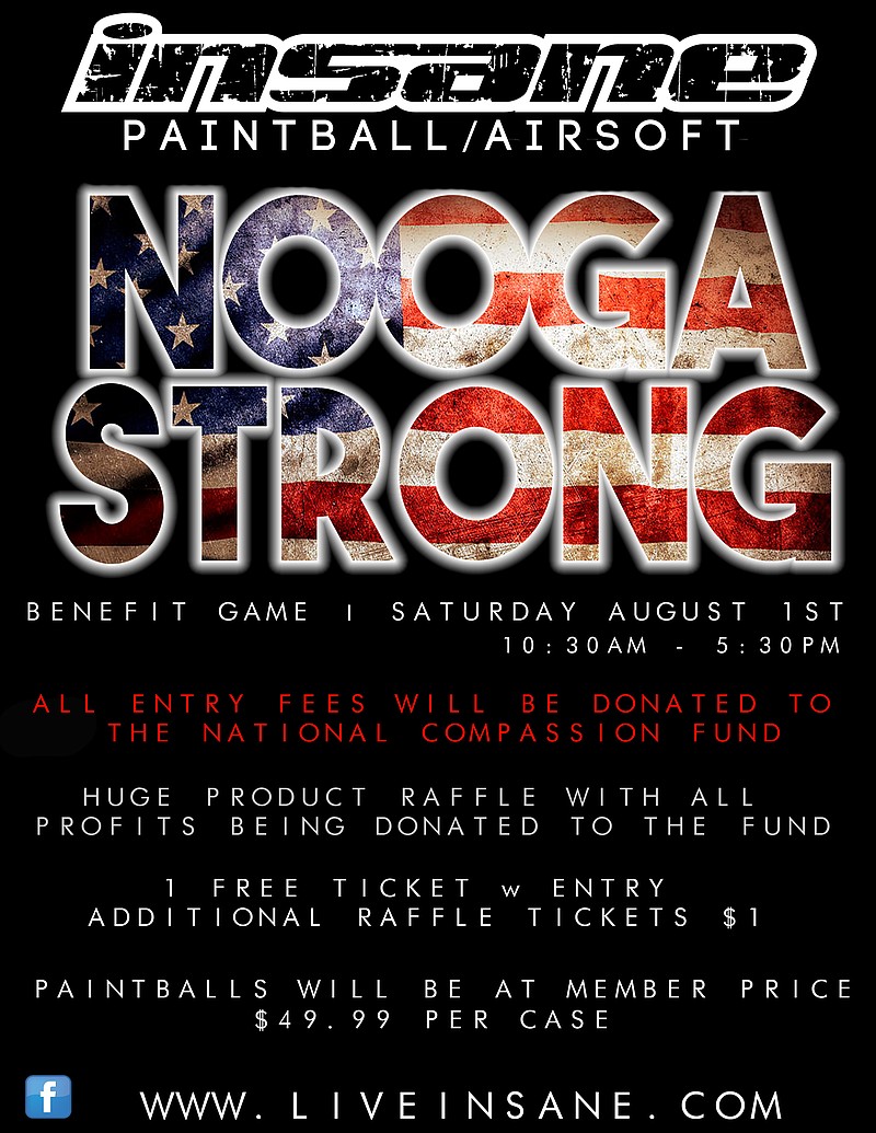 Flier for Insane Paintball/Airsoft's Nooga Strong Benefit Day.