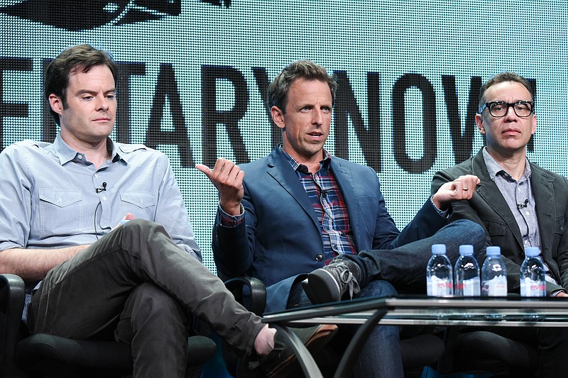 
              Executive producer/actors Bill Hader, from left, Seth Meyers, and Fred Armisen speak onstage during the "Documentary Now!" panel at the IFC 2015 Summer TCA Tour held at the Beverly Hilton Hotel on Friday, July 31, 2015, in Beverly Hills, Calif. (Photo by Richard Shotwell/Invision/AP)
            