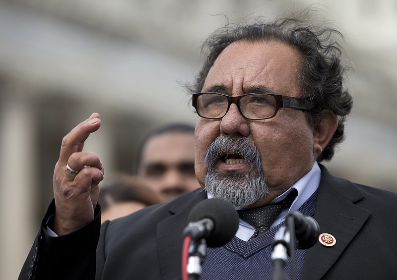 
              FILE - In this Feb. 27, 2013 file photo, Rep. Raul Grijalva, D-Ariz. gestures as he speaks during a news conference on Capitol Hill in Washington. Determined to secure support for the Iran nuclear deal, President Barack Obama is making inroads with a tough constituency _ his fellow Democrats in Congress. Grijalva said the administration’s robust selling of the deal strengthens the Democratic stance on Capitol Hill. "We don’t’ need to be an island right now," said Grijalva, who has pledged to support it.(AP Photo/Carolyn Kaster, File)
            