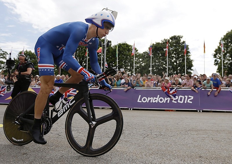 Taylor Phinney, of the United States, takes the start of the men's individual time trial cycling event at the 2012 Summer Olympics, Wednesday, Aug. 1, 2012, in London. (AP Photo/Matt Rourke)