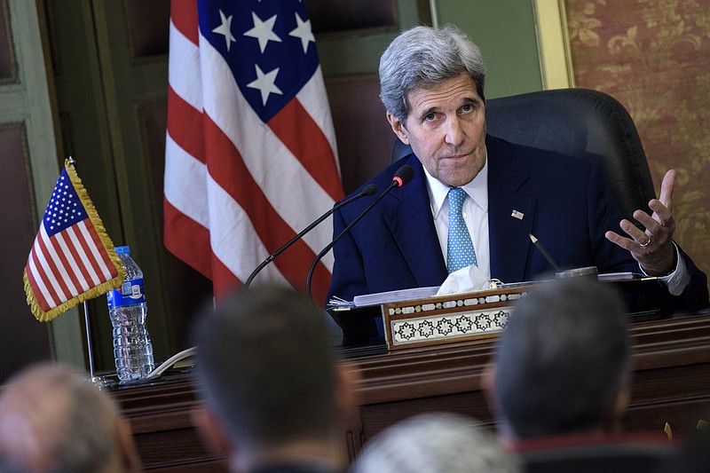 
              U.S. Secretary of State John Kerry speaks during a press conference with his Egyptian counterpart Sameh Shoukry after their meeting at the foreign ministry in Cairo, Egypt, Sunday, Aug. 2, 2015. The United States and Egypt on Sunday resumed formal security talks that were last held six years ago and kept on hiatus until now amid the political unrest that swept the country in the wake of the Arab Spring. (Brendan Smialowski/Pool Photo via AP)
            