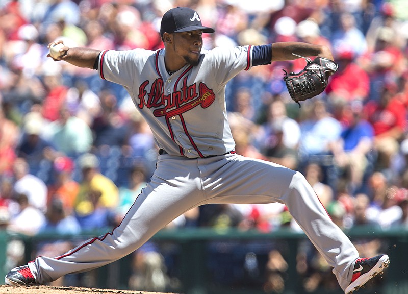 Atlanta Braves starting pitcher Julio Teheran throws in the first inning of a baseball game against the Philadelphia Phillies, Sunday, Aug. 2, 2015, in Philadelphia.