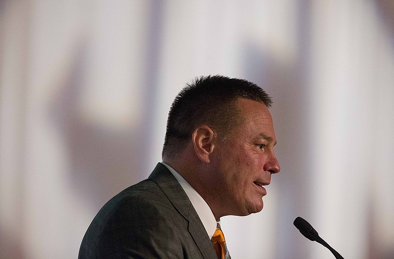 Tennessee coach Butch Jones speaks to the media at the Southeastern Conference NCAA college football media days Tuesday, July 14, 2015, in Hoover, Ala.