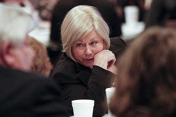 Walker County Commissioner Bebe Heiskell talks to people at her table during the Walker County Republican Party Convention on March 14 at the Walker County Civic Center in Rock Spring, Ga.