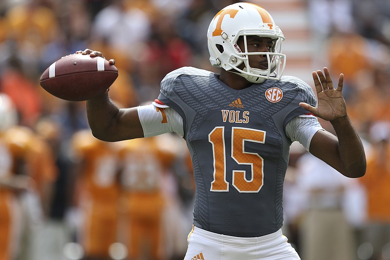 Staff Photo by Dan Henry / The Chattanooga Times Free Press- 4/25/15. The University of Tennessee's Jauan Jennings (15) looks for an open player during the Dish Orange & White Game in Knoxville on Saturday, April 25, 2015.