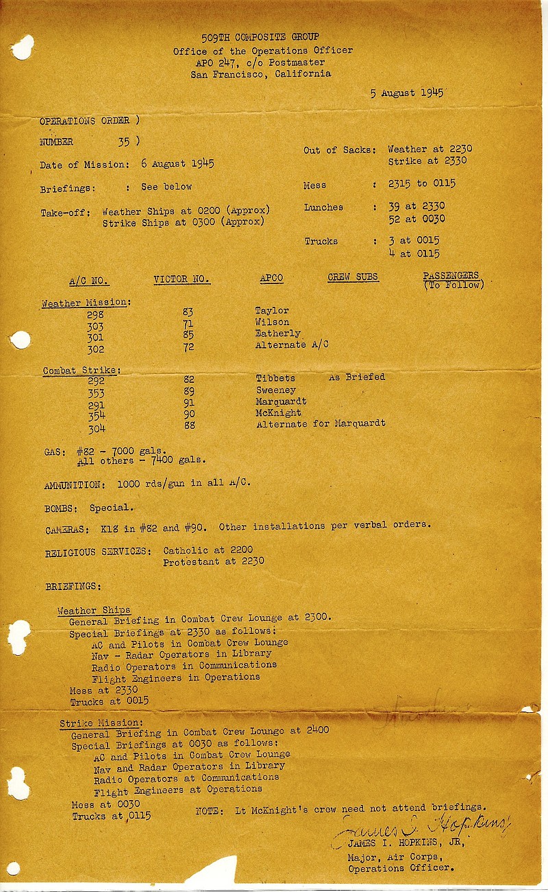 
              This image provided by the Museum of World War II Boston shows the operations order for Hiroshima, dated Aug. 5, 1945. According to the museum, this operations order was carried on the Enola Gay in the flight log of Jacob Beser, the radar and electronics specialist. The original copy of the operations order for dropping an atomic bomb on Hiroshima is on display at the private museum in the Boston suburbs as the deadly attack marks its 70th anniversary. (Museum of World War II Boston via AP)
            