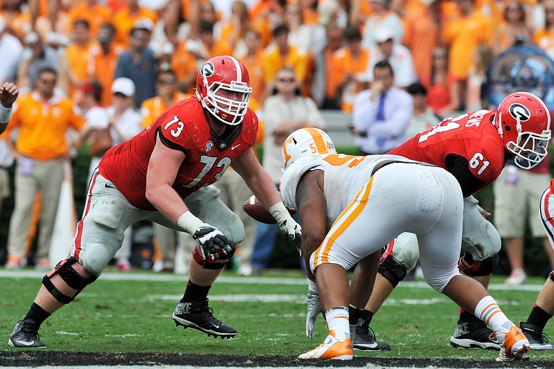 Georgia right guard Greg Pyke (73) is bidding for All-SEC honors this season on an offensive line that must replace David Andrews (61) from last year's team.