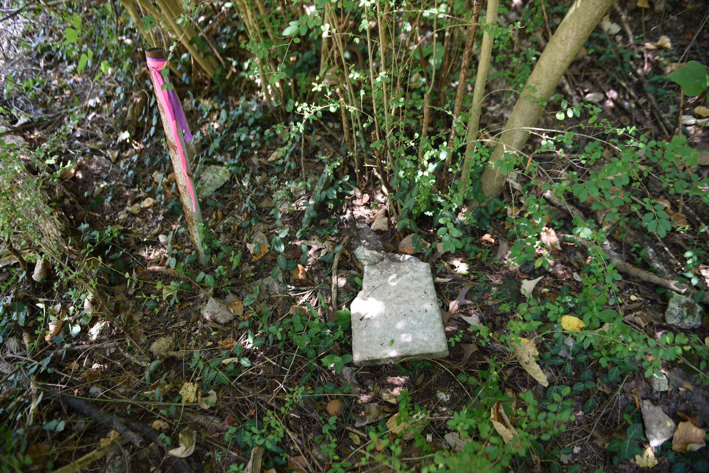 An old tombstone is seen next to a survey marker adjacent to a construction project on Dartmouth Street in the North Chattanooga community on Wednesday, Aug. 5, 2015, in Chattanooga, Tenn.