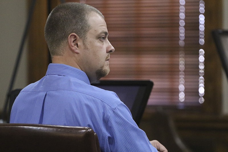 Thomas Blevins, a former Lakeview Middle School band teacher accused of having an inappropriate relationship with a student, appears before Judge Jon "Bo" Wood during the first day of trial at the Catoosa County Courthouse on August 11, 2015. 