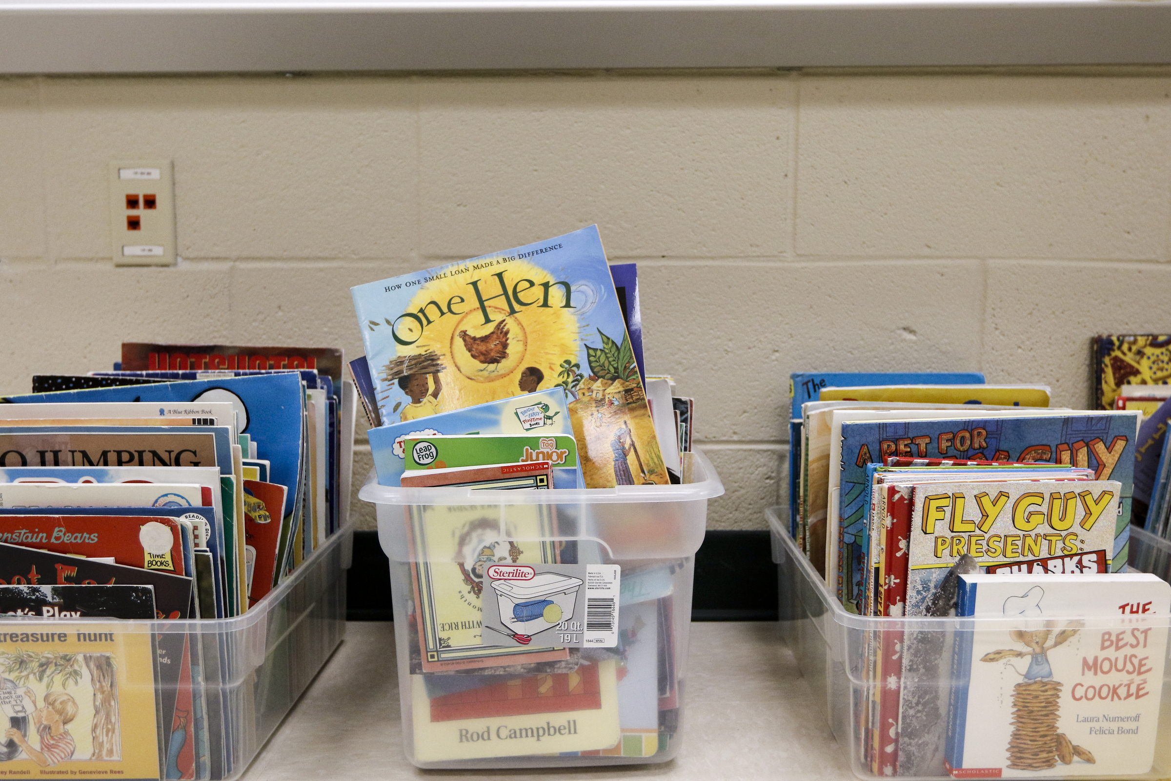 Books are displayed in plastic containers in a classroom Wednesday, Aug. 12, 2015, at the new East Brainerd Elementary School in Chattanooga, Tenn. Thursday is Hamilton County's first day of school.