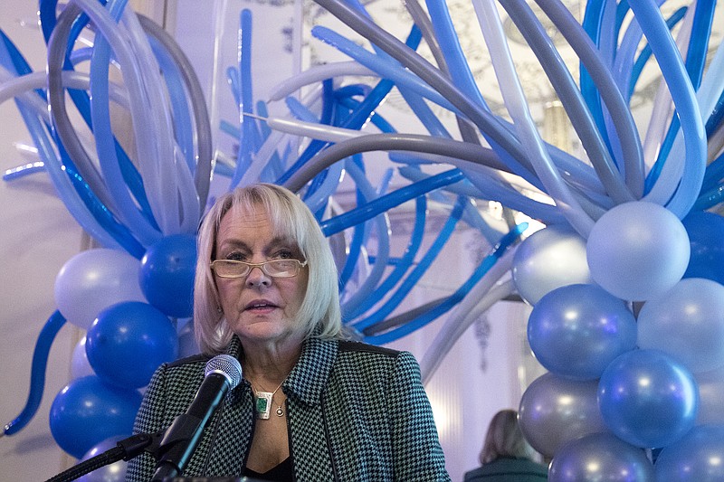 Outgoing United Way president Eva Dillard speaks at the United Way of Greater Chattanooga's annual meeting and campaign celebration Friday, Feb. 27, 2015, at the Read House Hotel in Chattanooga, Tenn. United Way present its annual impact report and awarded its volunteers and donors.