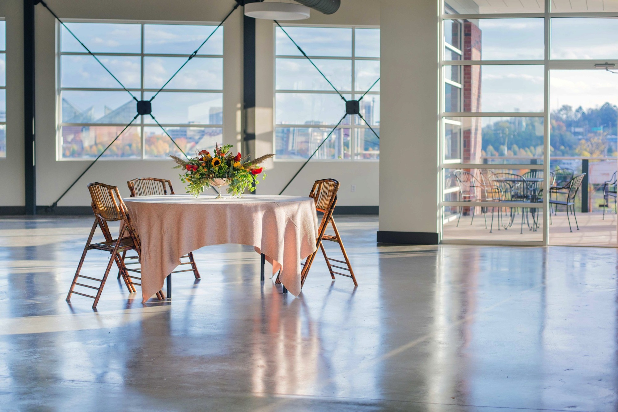 The view from 2 On The Roof spans from the Tennessee Aquarium to Signal Mountain. The venue is located atop Root Kitchen and Wine Bar in the 2 Northshore center.
