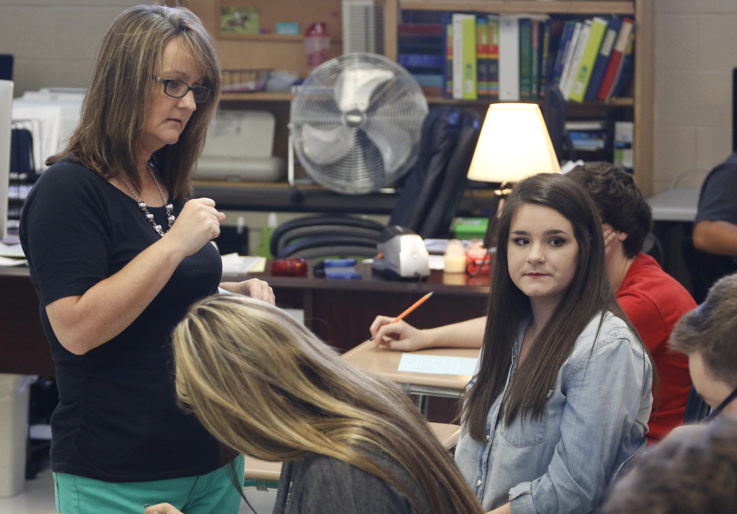 Karen Mitchell speaks to her sophomore/junior marketing class at Soddy-Daisy High School on the first day of school Thursday, August 13, 2015.