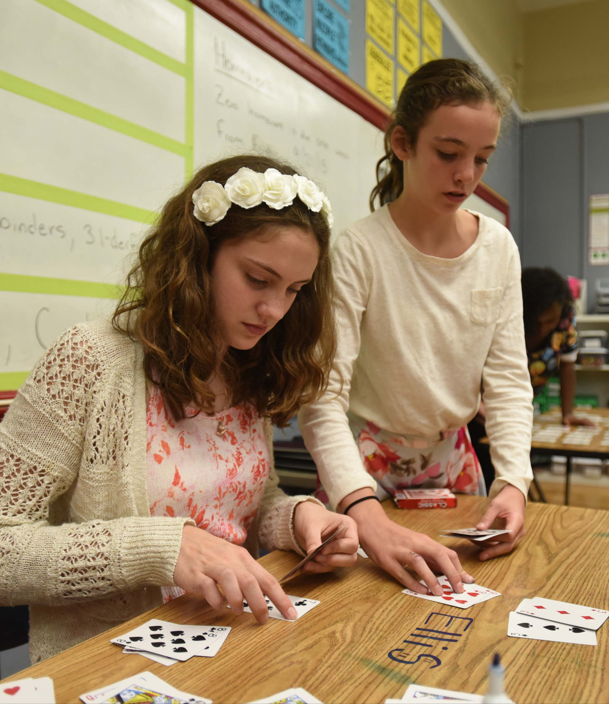 Ellis Coffelt, left, and Harper Huckabay complete an exercise in their 7th-grade math class Thursday, August 13, 2015 at Normal Park Upper School.