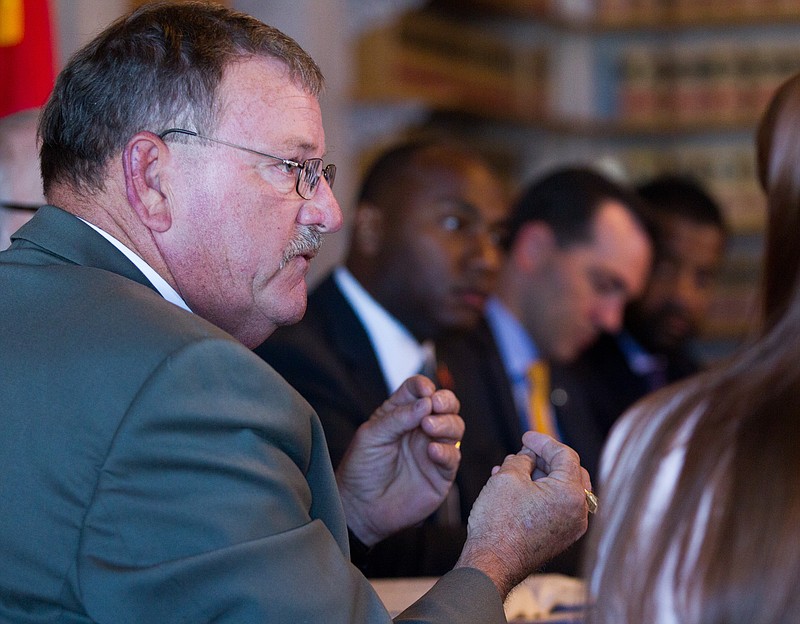 
              Franklin County Sherriff Tim Fuller speaks during a roundtable in Nashville, Tenn., on Thursday, Aug. 13, 2015, about the state’s new law stripping local governments of the power to ban people with handgun carry permits from being armed in parks. (AP Photo/Erik Schelzig)
            