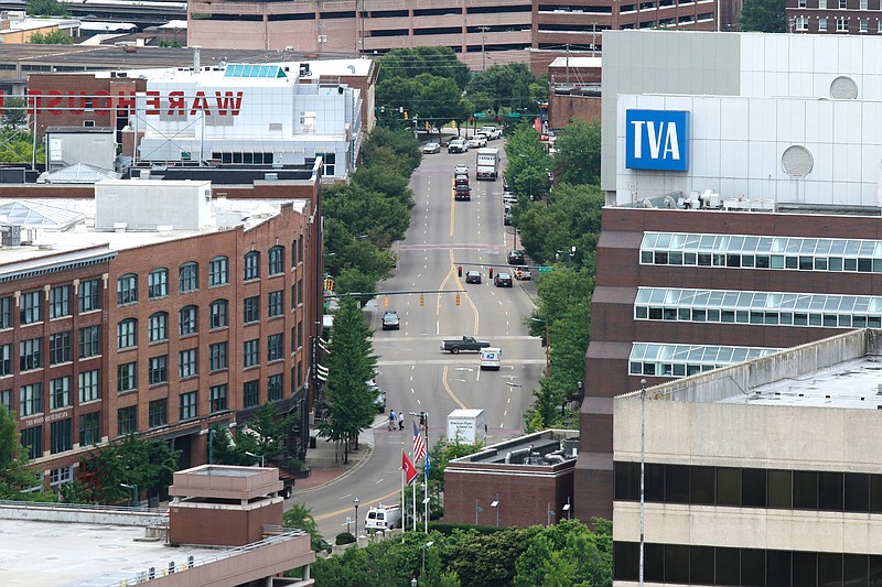 The TVA building and Market Street are seen from the Republic Centre building on May 28, 2015, in Chattanooga.
