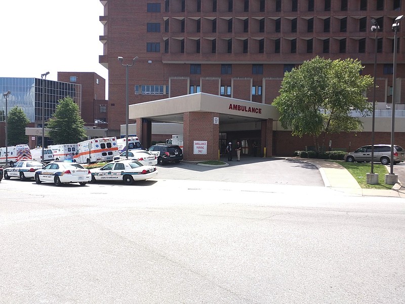 Ambulances and police gather at Erlanger in Chattanooga.