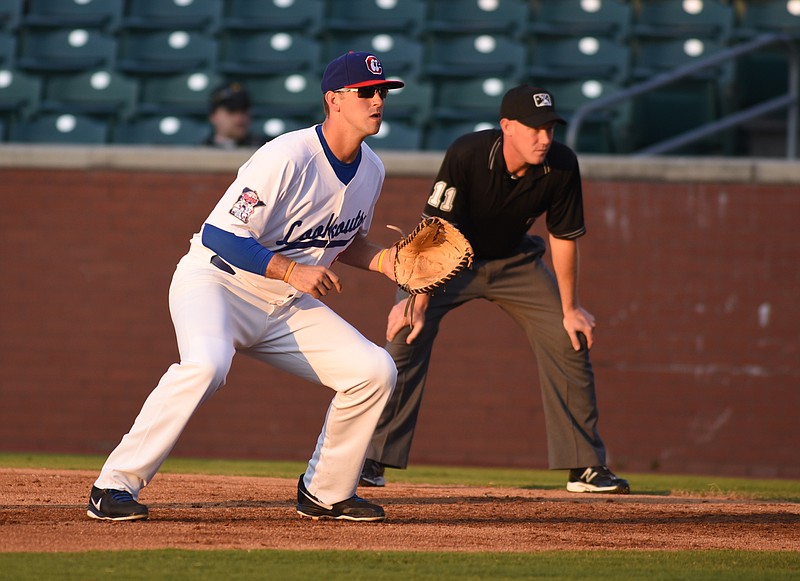 The Lookouts' first baseman Dalton Hicks plays in the game against Jacksonville Tuesday evening.
