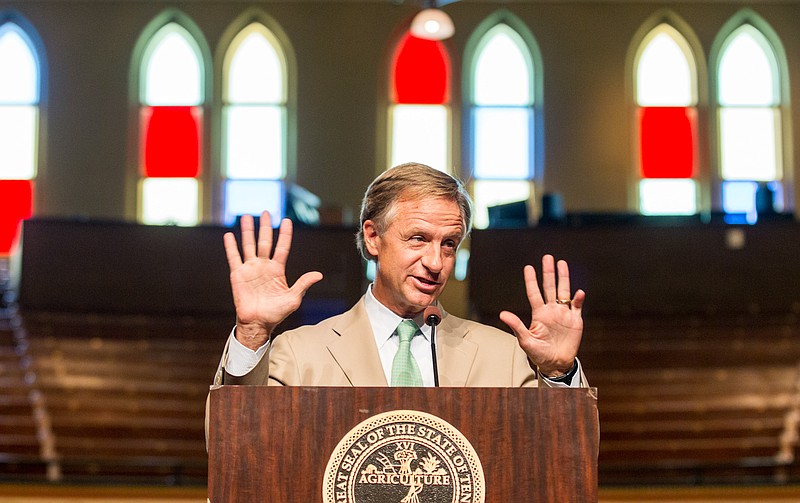 
              Gov. Bill Haslam speaks at a press conference at the Ryman Auditorium in Nashville, Tenn., on Tuesday, Aug. 18, 2015, about record tourism spending numbers in Tennessee. (AP Photo/Erik Schelzig)
            