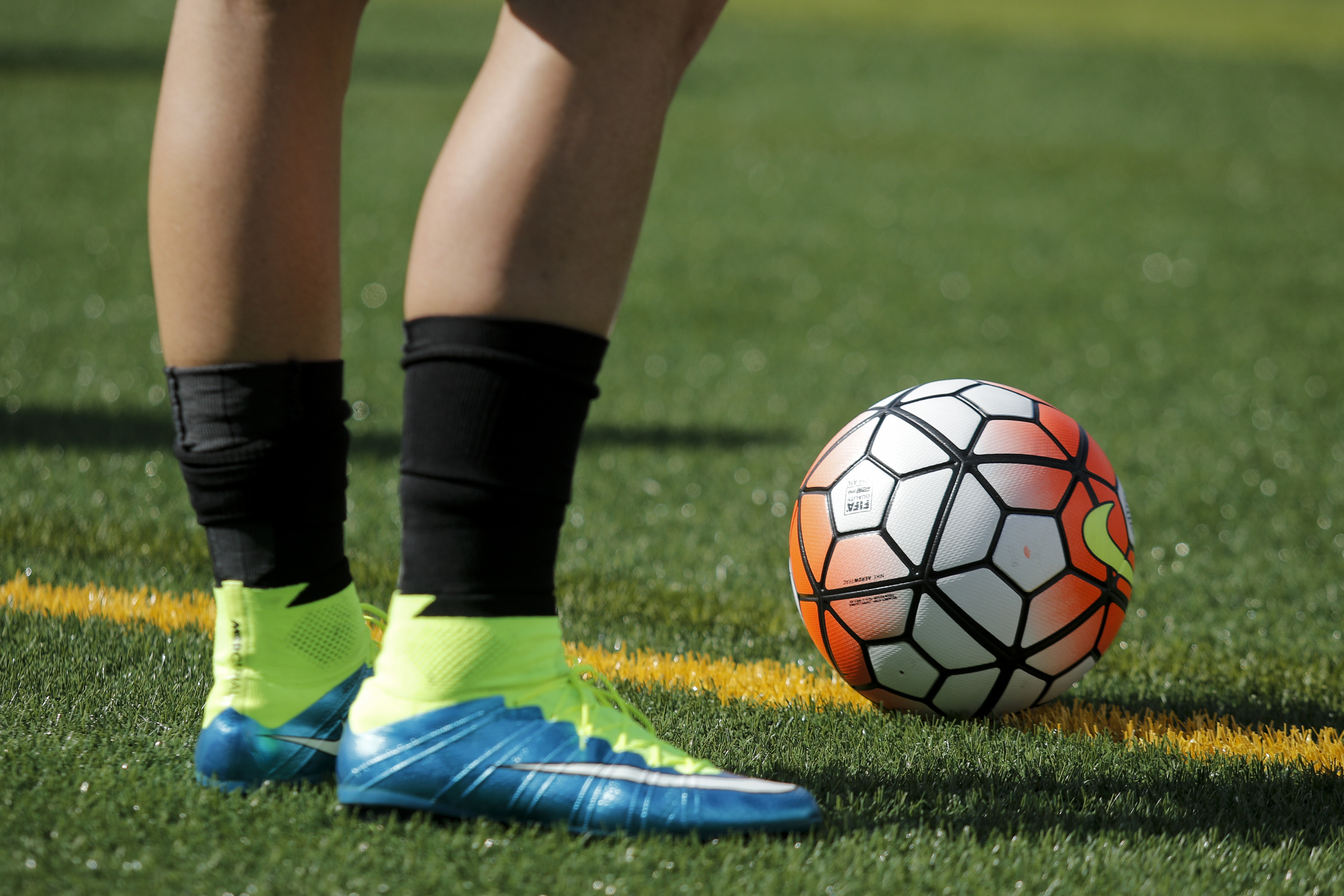 A U.S. Women's National Soccer Team player stands near a ball during practice at Finley Stadium on Tuesday, Aug. 18, 2015, in Chattanooga. The team plays Costa Rica on Wednesday at Finley Stadium.