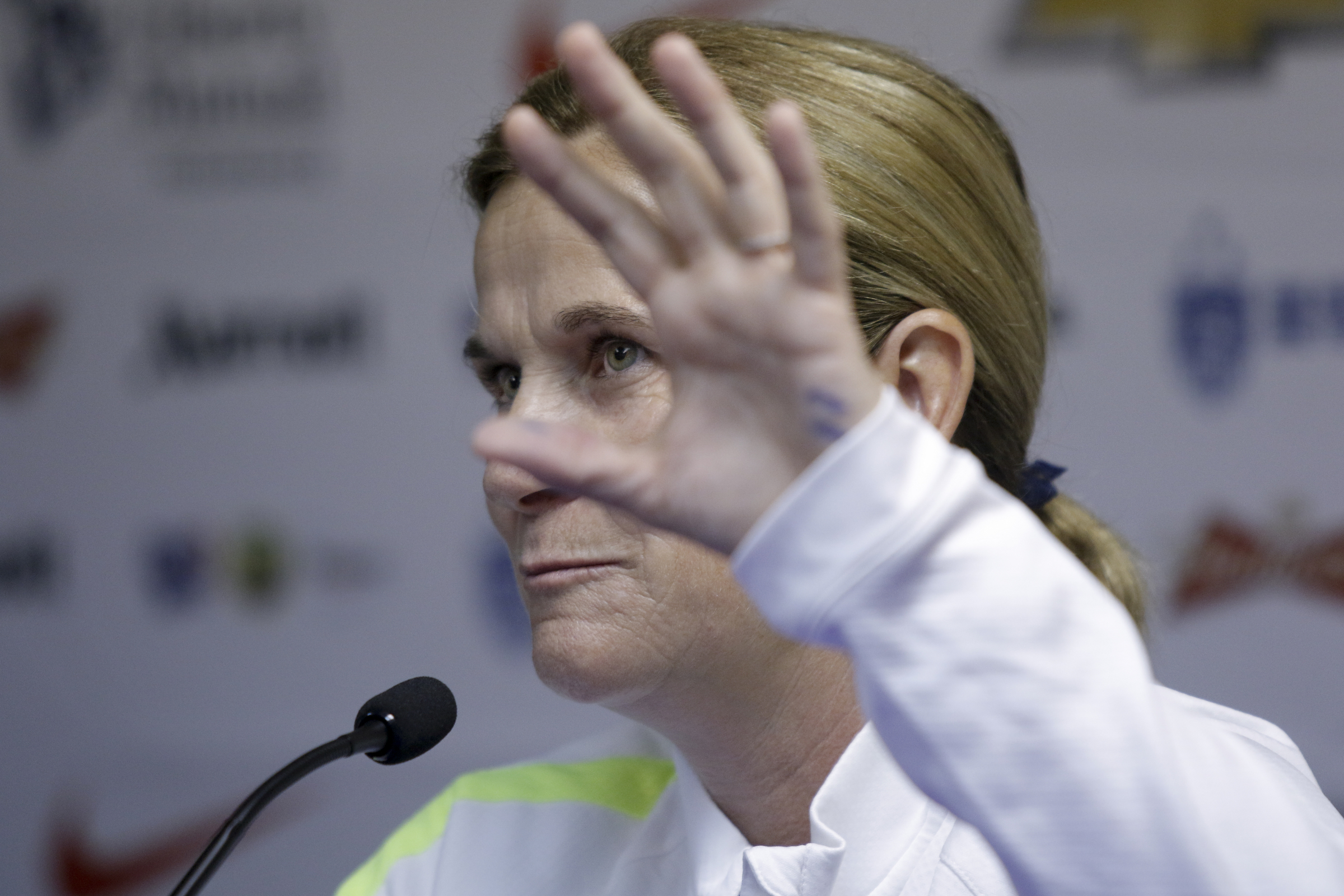 U.S. Women's National Soccer Team coach Jill Ellis talks during a news conference at Finley Stadium on Tuesday, Aug. 18, 2015, in Chattanooga, Tenn. The team plays Costa Rica on Wednesday at Finley Stadium.