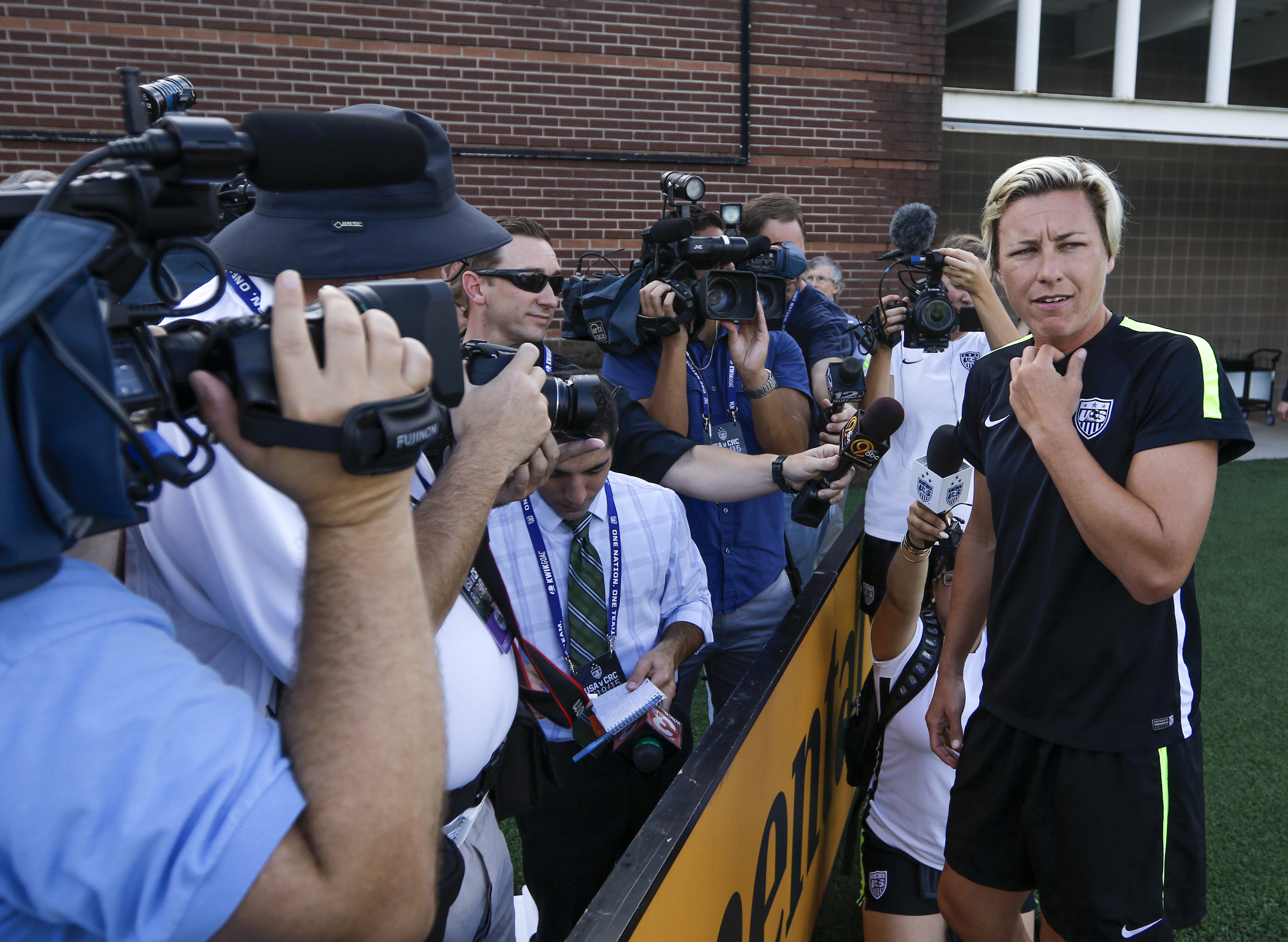 U.S. Women's National Soccer Team player Abby Wambach talks to media at Finley Stadium on Tuesday, Aug. 18, 2015, in Chattanooga, Tenn. The team plays Costa Rica on Wednesday at Finley Stadium.