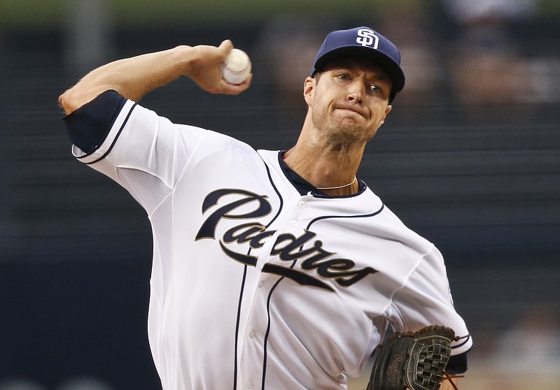 San Diego Padres starting pitcher Colin Rea works against the Atlanta Braves in the first inning of a baseball game Monday, Aug. 17, 2015, in San Diego.