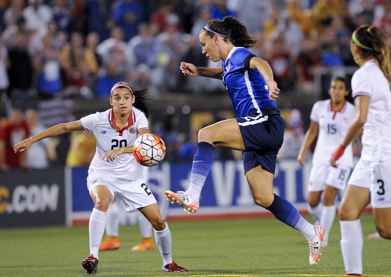 USA's Lauren Holliday, right, stops the ball near Costa Rica's Wendy Acosta during the U.S. Women's National Soccer Team's match against Costa Rica at Finley Stadium on Wednesday, Aug. 19, 2015, in Chattanooga, Tenn. The team is playing in Chattanooga as part of its Women's World Cup victory tour.