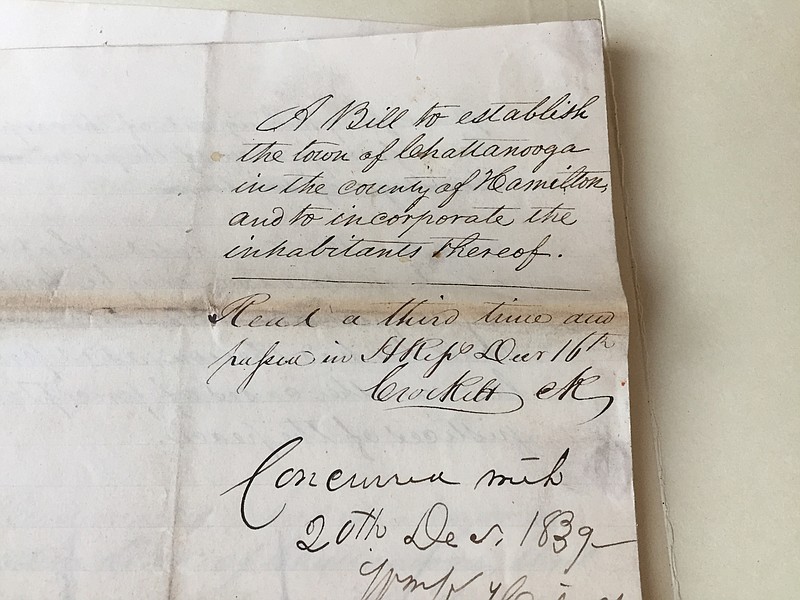 Original bill from 1839 to establish Chattanooga. By law, documents such as these must be maintained in the Tennessee State Library and Archives.