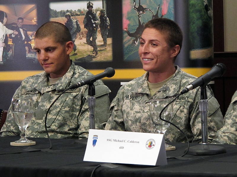 U.S. Army Army 1st Lt. Shaye Haver, right, speaks with reporters, Thursday, Aug. 20, 2015, at Fort Benning, Ga., where she was scheduled to graduate Friday from the Army's elite Ranger School. 