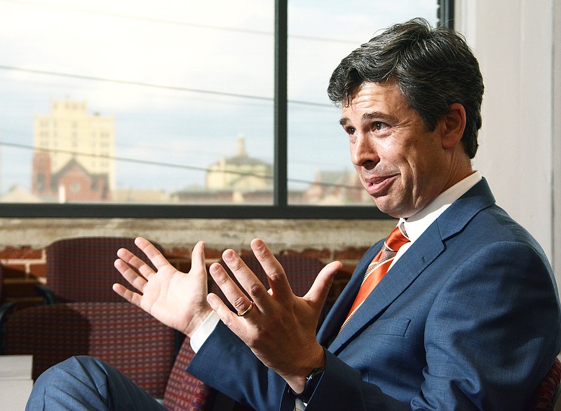 Staff photo by John Rawlston/Chattanooga Times Free Press - May 20, 2015 Chattanooga Mayor Andy Berke speaks to members of the Chattanooga Times Free Press editorial board Wednesday, May 20, 2015, in Chattanooga, Tenn.