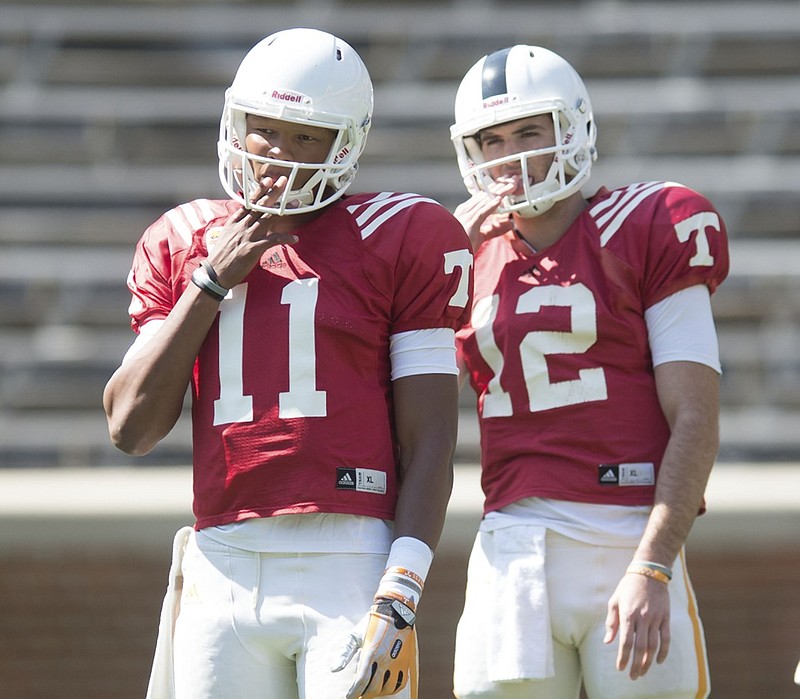 Freshman quarterback Quinten Dormady, right, is ready to step in for starter Joshua Dobbs, left, at a moment's notice. While he lacks college game experience, Dormady has proven himself to coaches and teammates since his early enrollment in January. He won the backup competition with his work during spring practice and preseason camp.