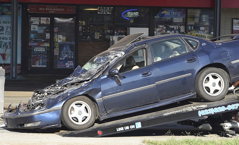 Seen on a wrecker in front of the Citico station at the corner of 40th Street and Rossville Boulevard on Sunday, Aug. 23, 2015, in Chattanooga, Tenn., this Chevrolet Impala collided with a motorhome in an afternoon accident that sent the driver of the car to the hospital. 