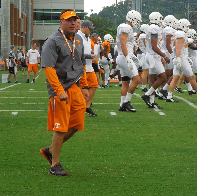 Head coach Butch Jones watched his Tennessee Volunteers practice at Haslam Field on Aug. 6, 2015.