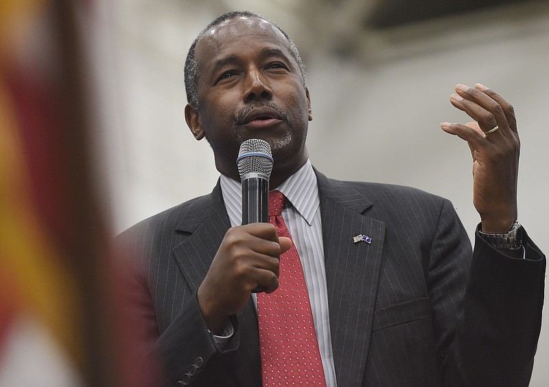 
              Republican presidential candidate Ben Carson speaks during the Faith and Freedom BBQ on Monday, Aug. 24, 2015, in Anderson, S.C. (AP Photo/Rainier Ehrhardt)
            
