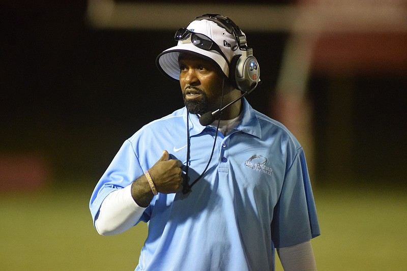 Staff photo by Robin Rudd/Chattanooga Times Free Press - Sep 23, 2014 Brainerd head coach Brian Gwyn walks the sidelines. The Brainerd Panthers visited the Howard Hustlin Tigers in TSSAA football action Friday Night.