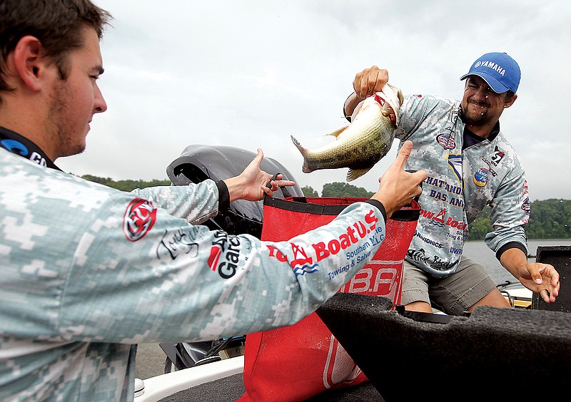 UTC angler Lance Geren, right, passes a bass into a bag for transportation held by his teammate Robbie Moore on Friday, June 13, 2014, at the 3rd day of the Bassmaster Elite Series BASSFest tournament in Dayton, Tenn., and the final day of the collegiate tournament. Geren and Moore took first place in the Carhartt College Eastern B.A.S.S. Regional ahead of 2nd place Tennessee anglers Tyler Wadzinski and Matt Beeler.