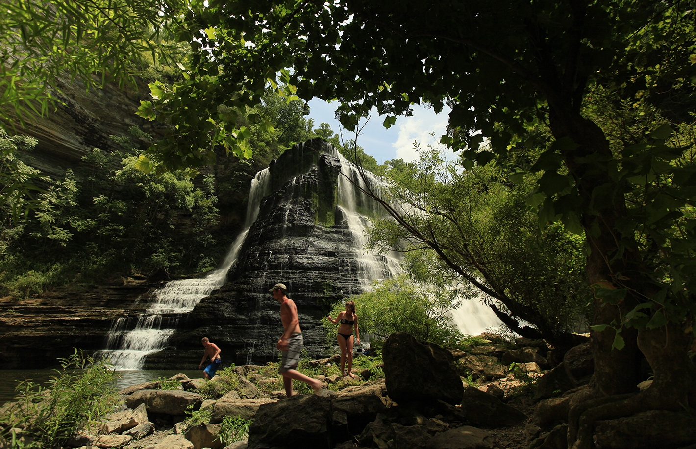 From BFSNA website: 
Burgess Falls State Natural Area, located in Middle Tennessee, lies on the eastern edge of Tennessee's Highland Rim adjacent to the Cumberland Plateau The Falling Water River drops approximately 250 feet, providing numerous waterfalls. The 1.5-mile round-trip River Trail/Service Road Loop is a moderately strenuous hike taking visitors past four waterfalls on the Falling Water River. The waterfalls are 20' cascades, 30' upper falls, 80' middle falls, and 136' lower falls in height. d