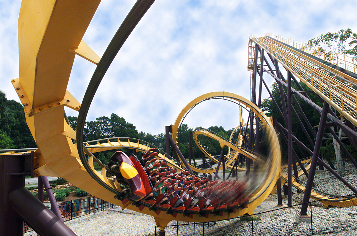 Put Your Feet To The Fire on one of the Southeast's tallest and fastest stand-up roller coasters. The Georgia Scorcher, Six Flags' eighth roller coaster, combines standard roller coaster technology with a twist - riders stand, not sit, as they blaze through loops, high speed spirals and a figure eight that produces up to four Gs.