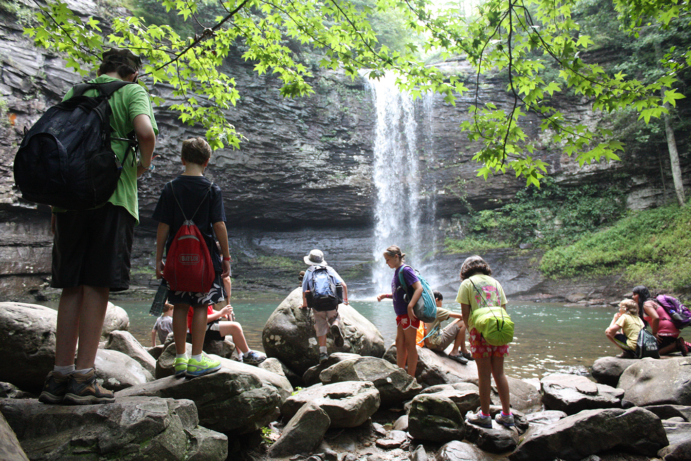 Camp Lookout campers explore the shore area by one of Cloudland Canyon's waterfalls while taking a scenic break from hiking Wednesday