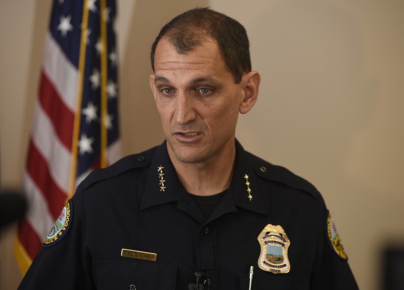 Chattanooga Police Chief Fred Fletcher speaks at a news conference at the Police Services Center on Wednesday, Aug. 26, 2015, in Chattanooga, Tenn., in the aftermath of a Tuesday night shooting in the 800 block of North Willow Street that killed 20-year-old Frederick Jordan Clark. 