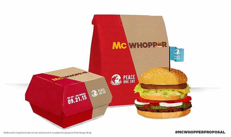 
              This photo provided by Burger King shows a “McWhopper.” In full-page newspaper ads Wednesday, Aug. 26, 2015, Burger King said it’s calling for a truce with McDonald’s so that they can create a mashup of their most famous burgers, the Big Mac and the Whopper.   Burger King is tying the publicity stunt to a nonprofit called Peace One Day, which says it promotes Peace Day. (Burger King via AP)
            