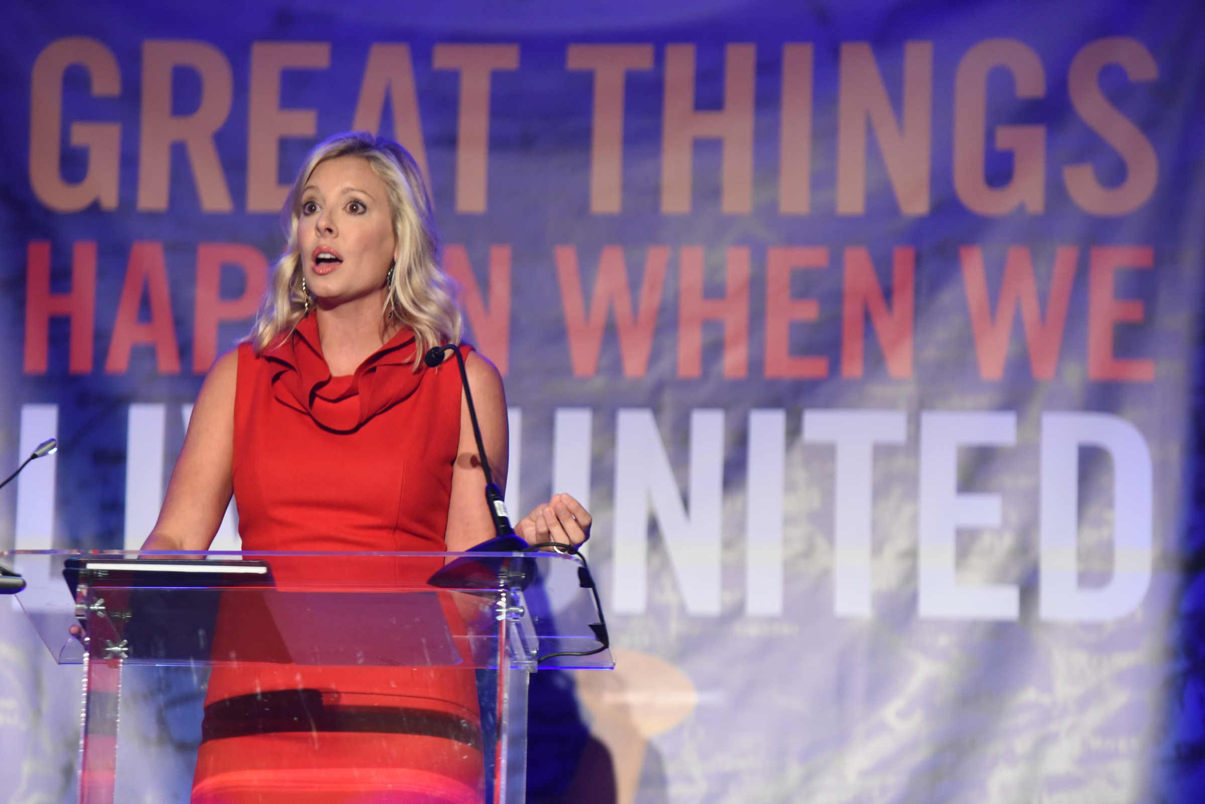 United Way President and CEO Lesley Scearce talks to a large crowd Thursday at the Chattanooga Convention Center to kickoff the this year's Campaign.