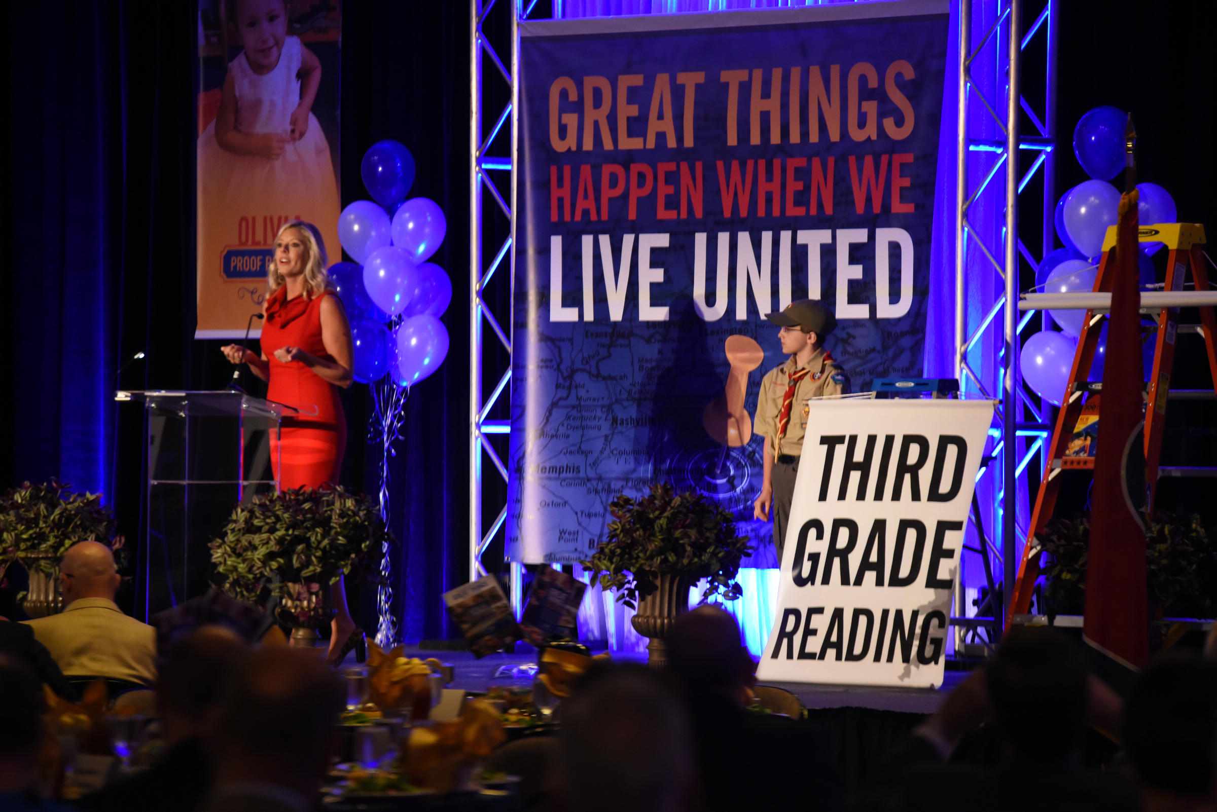 United Way President and CEO Lesley Scearce talks to a large crowd Thursday at the Chattanooga Convention Center to kickoff the this year's Campaign.