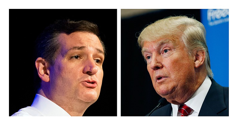 
              FILE - This two picture combo of file photos shows Republican presidential candidate, Sen. Ted Cruz, R-Texas, left, and Donald Trump. Trump and Cruz are planning to appear together at an upcoming Capitol Hill rally against the proposed nuclear deal with Iran. Trump announced the event during an appearance Thursday in South Carolina, saying it would be "in the next few weeks."  (AP Photo/File)
            